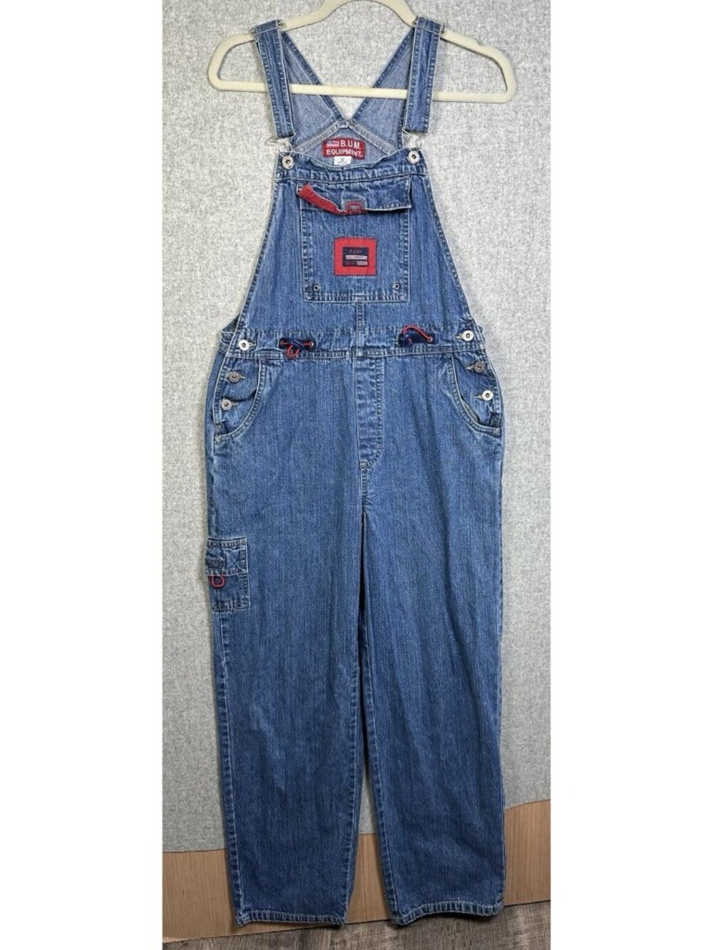 Vintage 90s BUM Equipment Denim Bib Overalls Womens Medium Blue Red Cinch Waist